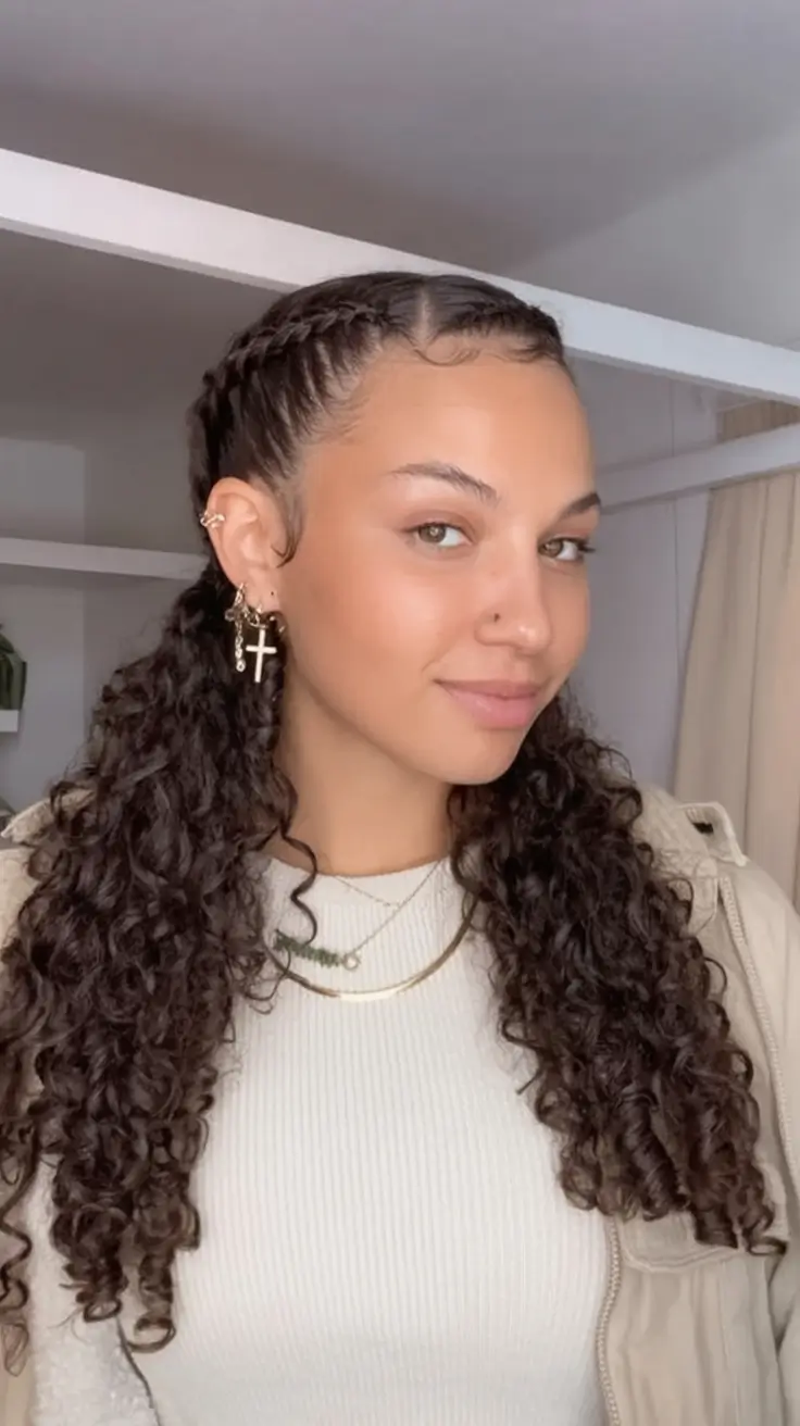 end of summer hairstyles ideas 2025 Cornrow Crown with Loose Natural Curls