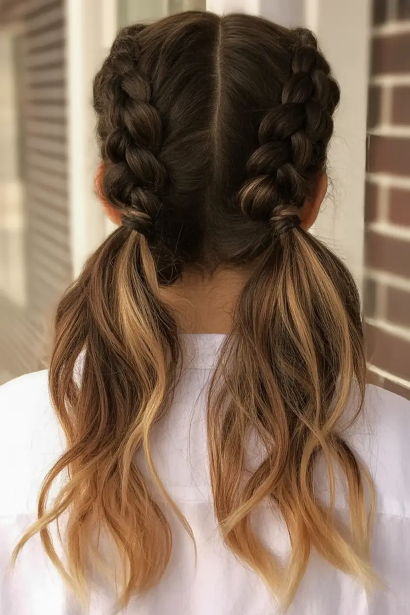 end of summer hairstyles ideas 2025 Double Dutch Braids into Low Pigtails