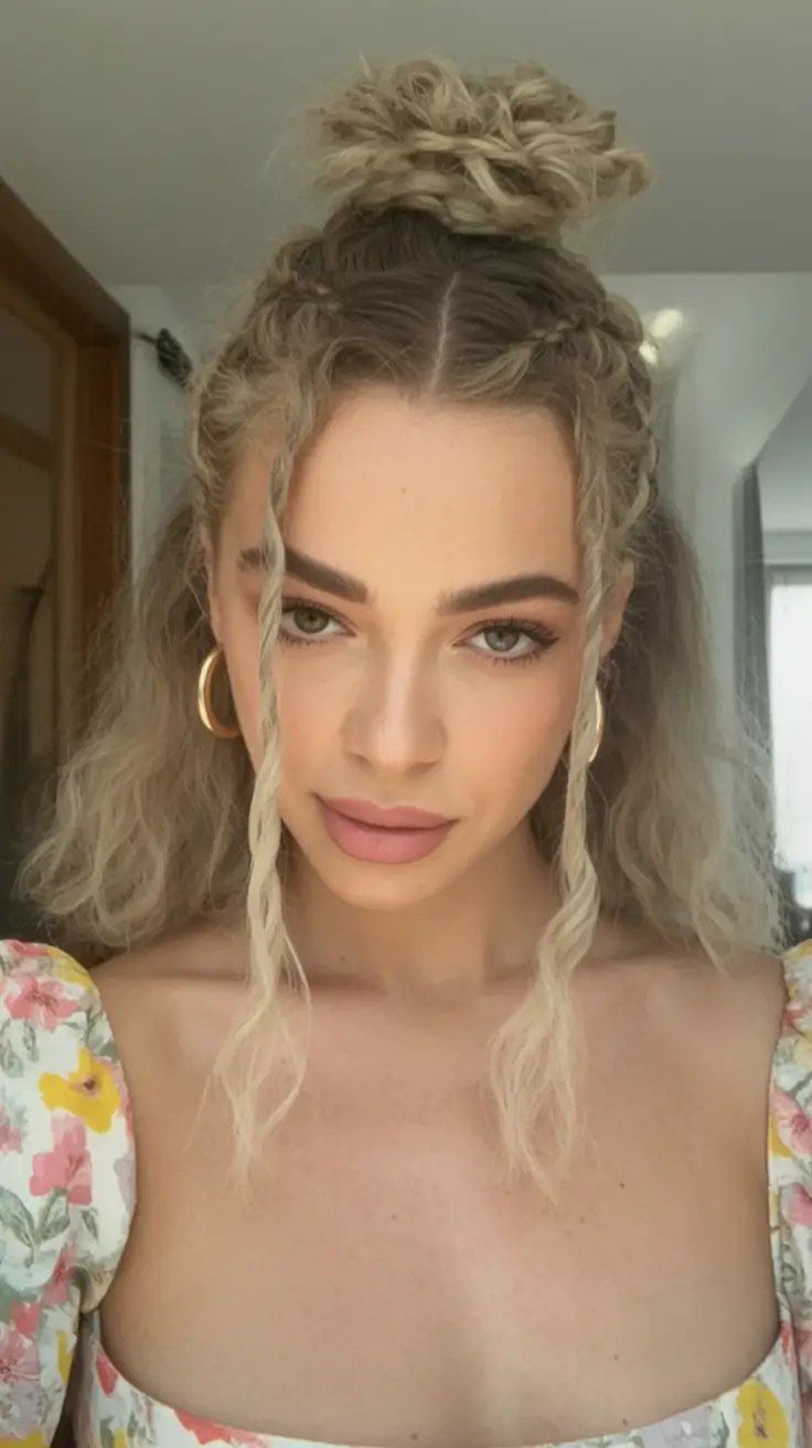 end of summer hairstyles ideas 2025 Half-Up Braided Bun With Face Frame