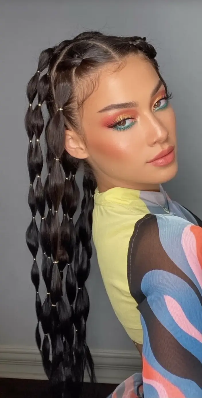 end of summer hairstyles ideas 2025 Long Bubble Braids With Beads and Braided Crown