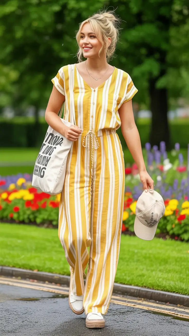 end of summer outfits ideas 2025 Sunbeam Stripe Jumpsuit