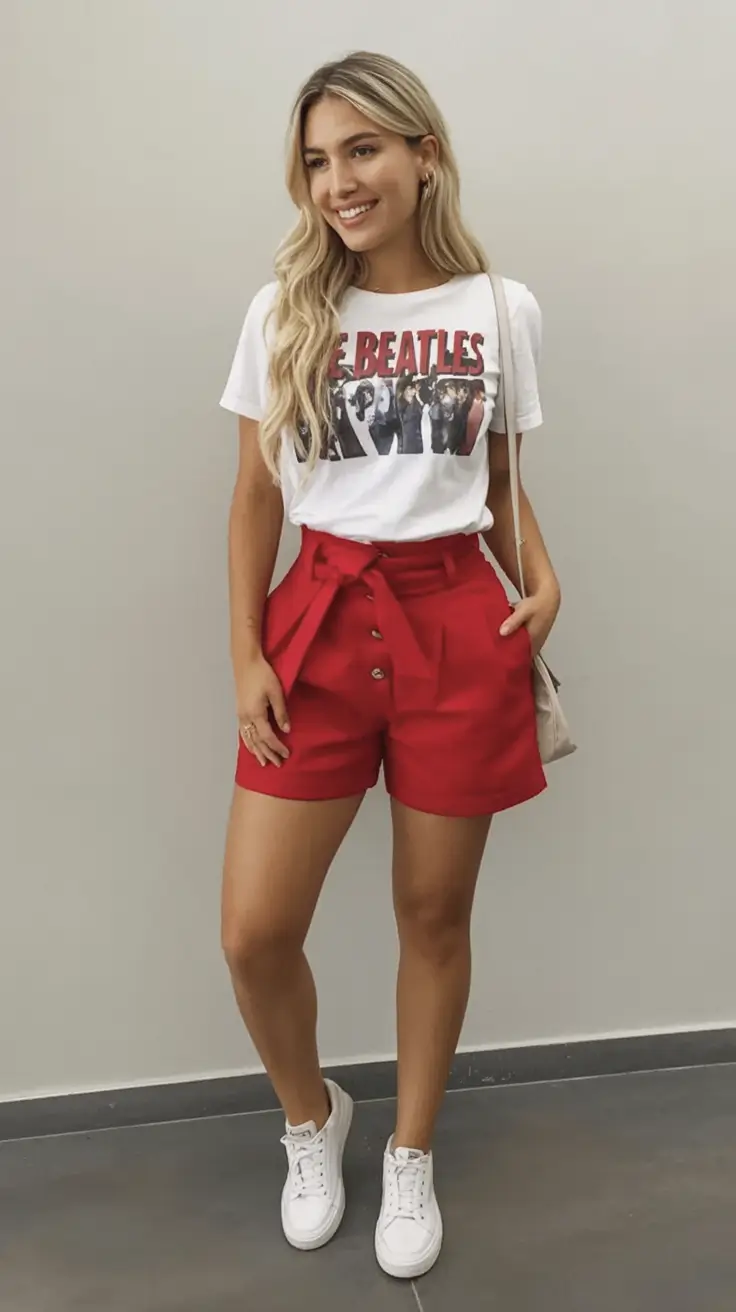 end of summer outfits ideas 2025 Graphic Tee & Scarlet Shorts Combo