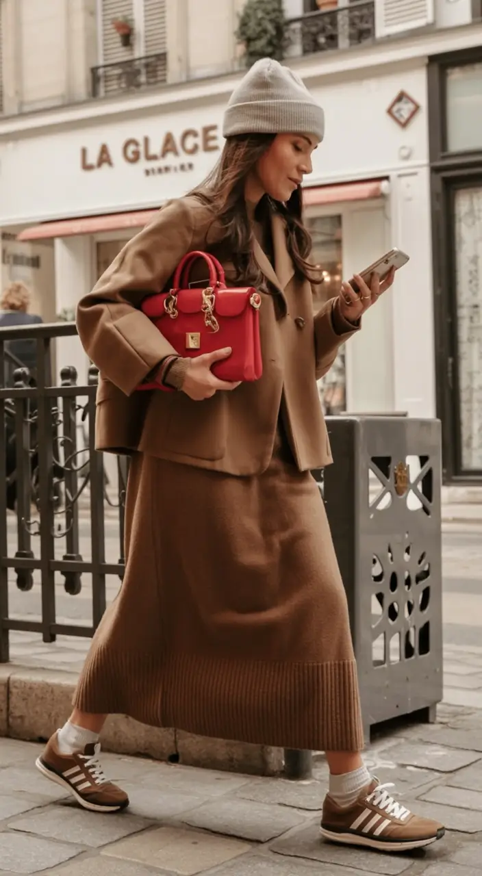 Fall 2025 Fashion Inspiration for Stylish Women Camel Knits With a Pop of Red
