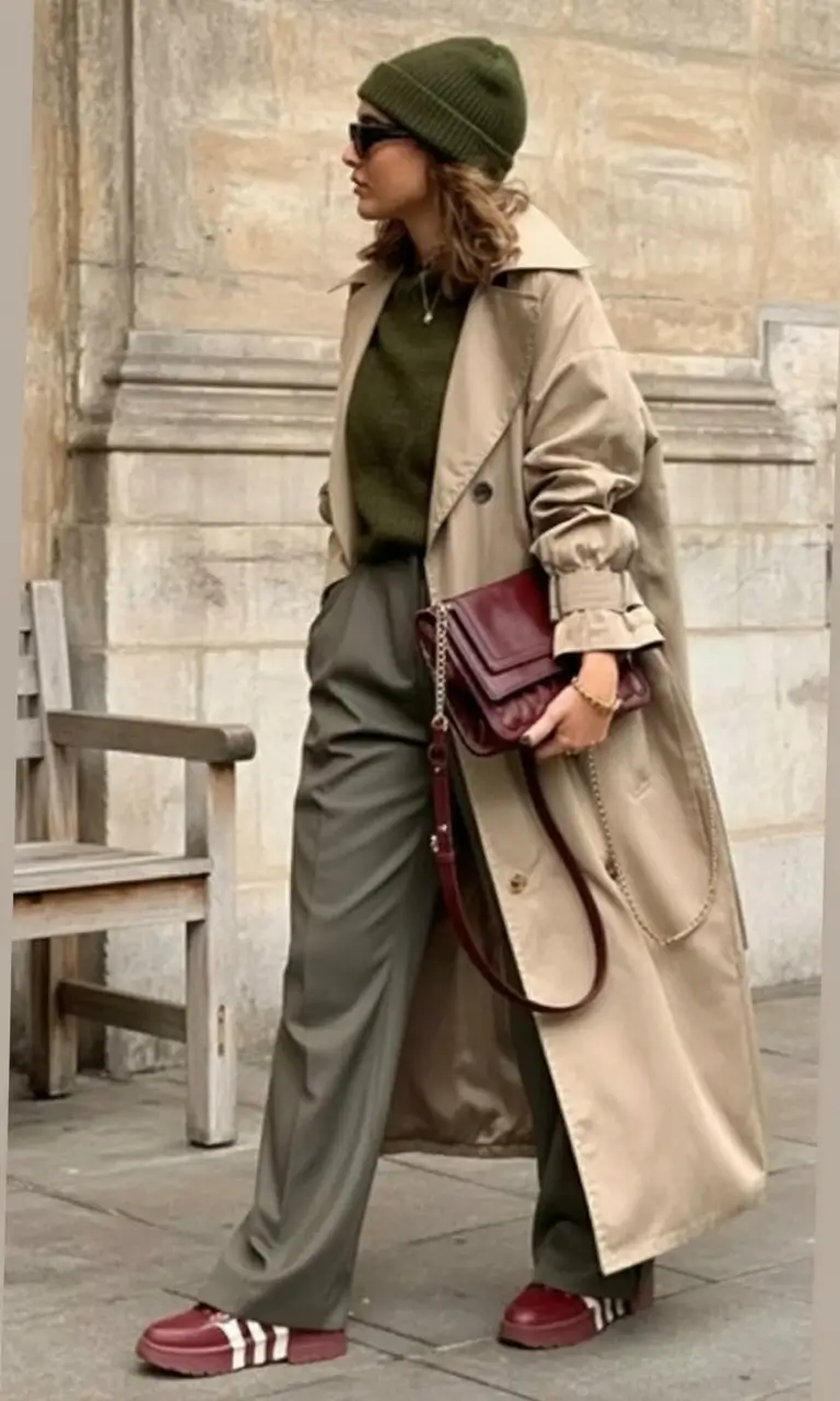 Fall 2025 Fashion Inspiration for Stylish Women Olive Layers and Burgundy Details