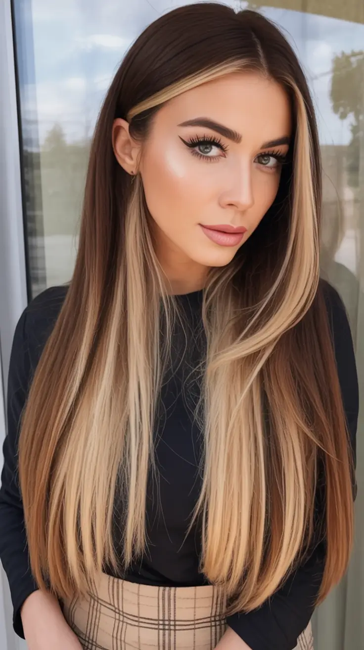 Fall brunette hair color ideas 2025 Soft Blonde Contrast on Sleek Brunette