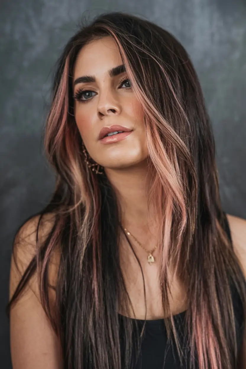 Fall brunette hair color ideas 2025 Edgy Brunette with Rosewood Strips
