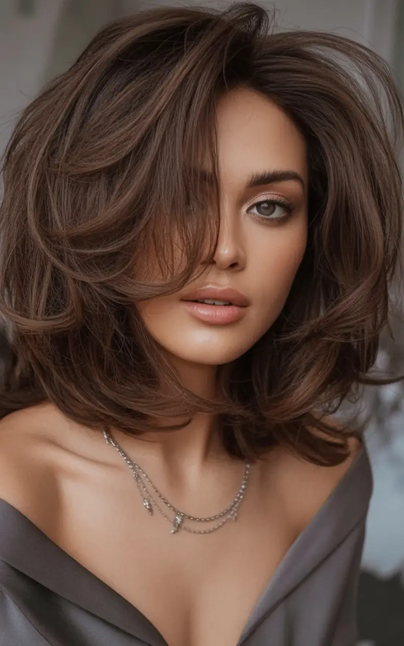 Fall brunette hair color ideas 2025 Feathered Layers with Chocolate Volume