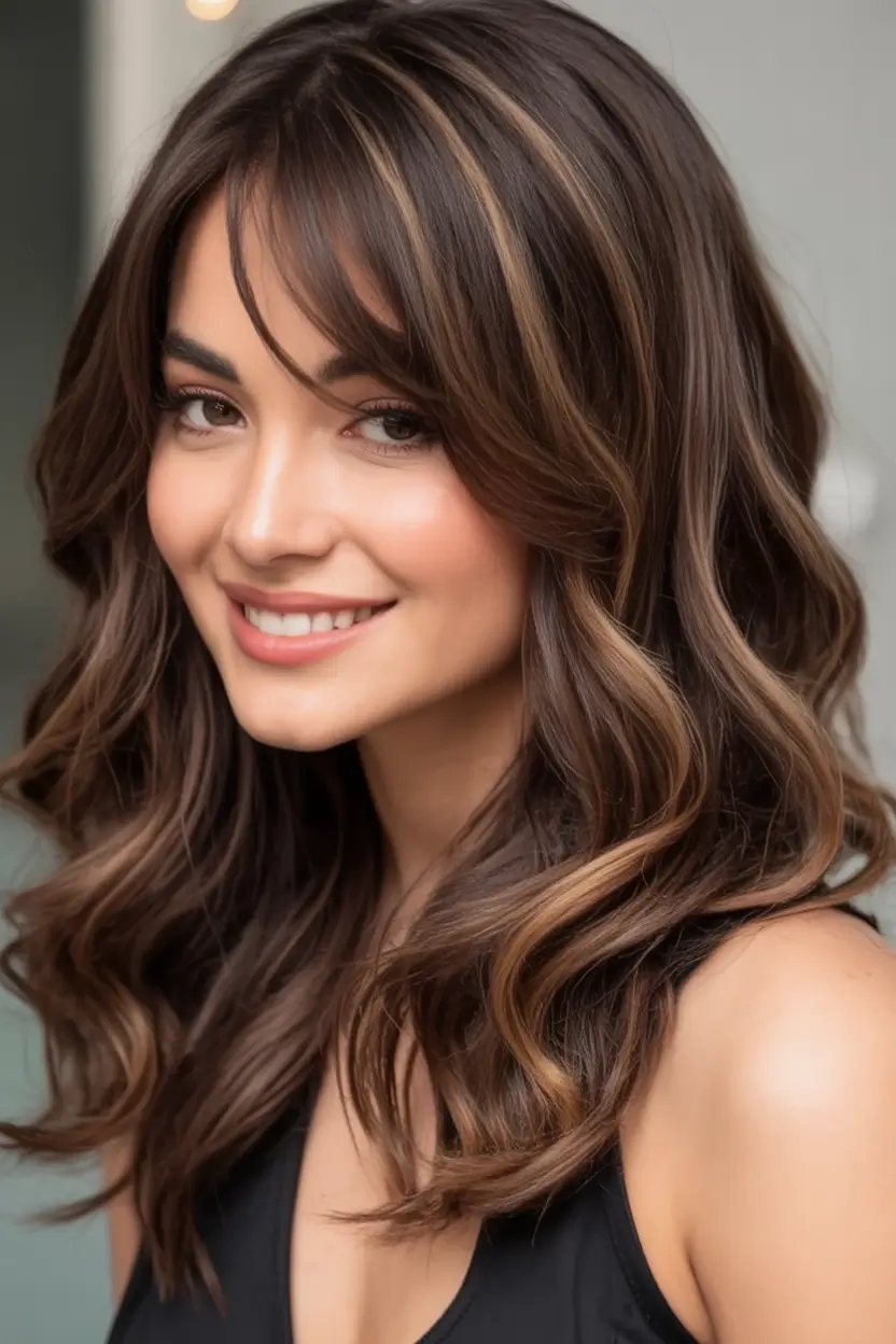 Fall brunette hair color ideas 2025 Honeylit Brunette with Soft Waves