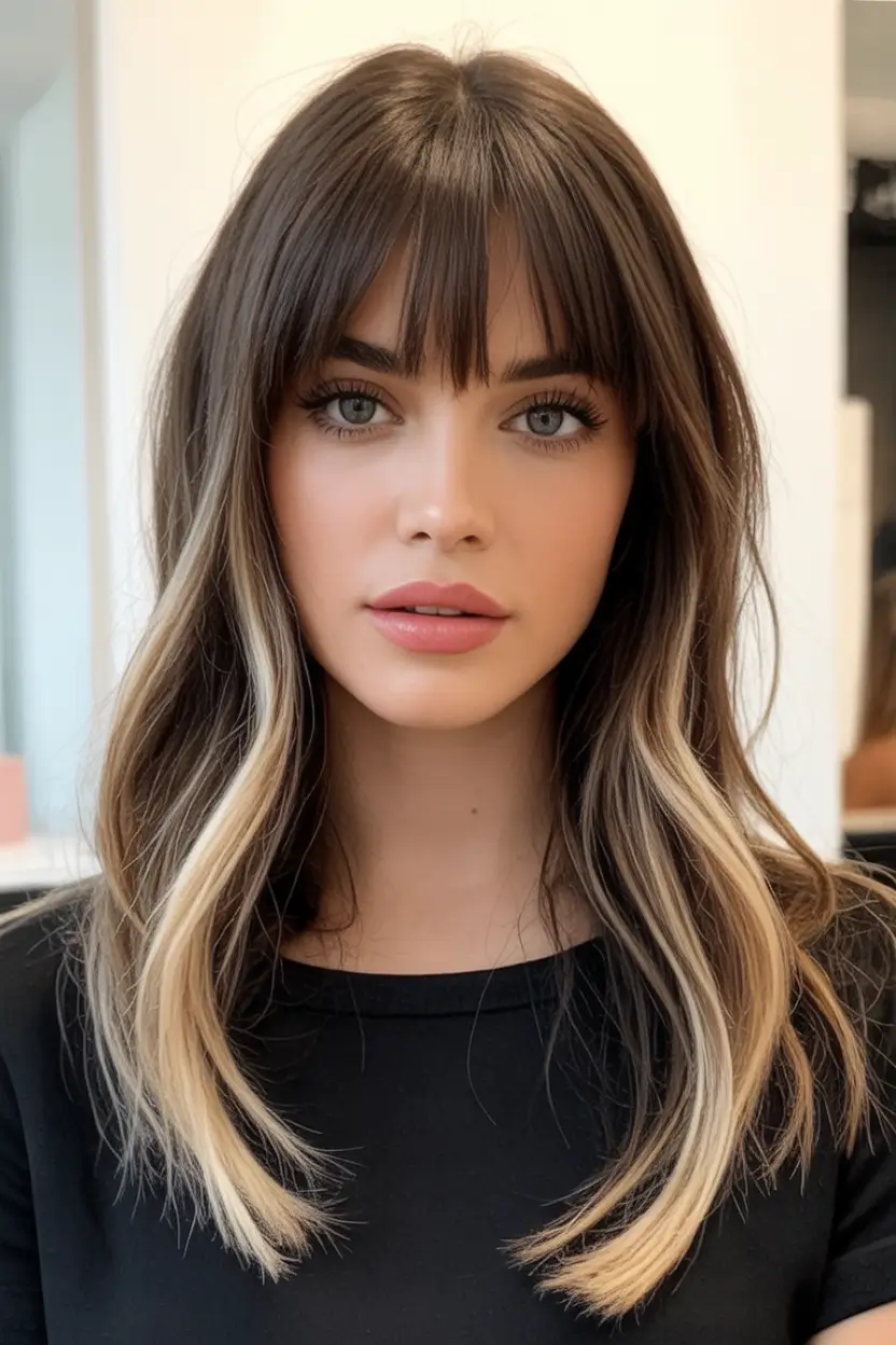 Fall brunette hair color ideas 2025 Cool Contrast with Creamy Blended Ends