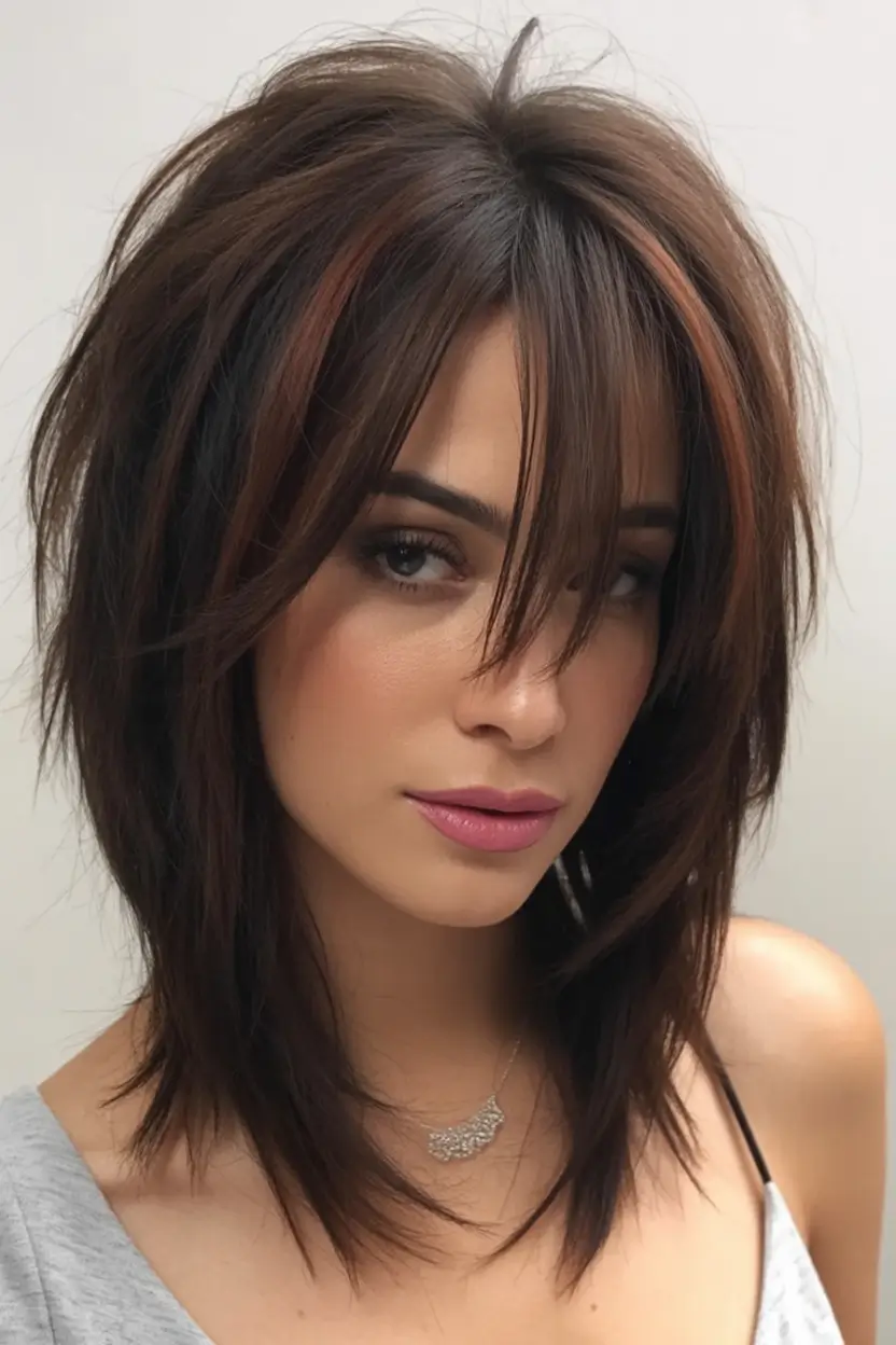 Fall brunette hair color ideas 2025 Layered Brunette with Hidden Auburn Ribbons