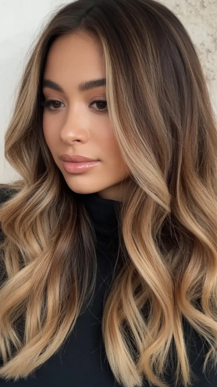 Fall brunette hair color ideas 2025 Soft Caramel Contour with Loose Layers