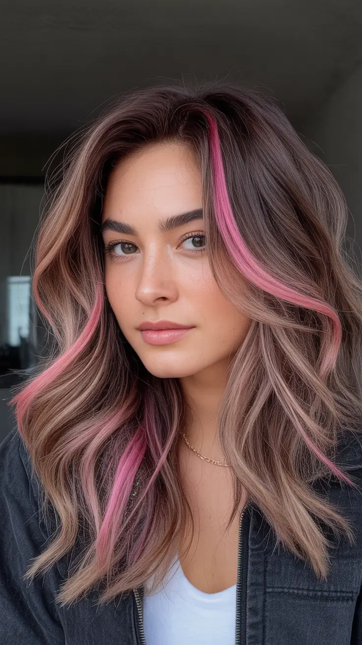 Fall brunette hair color ideas 2025 Rosy Mauve with Hidden Bright Pink