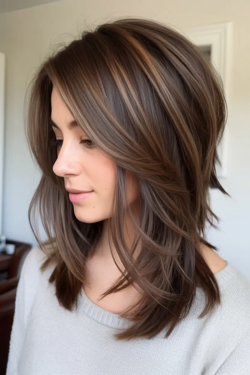 Fall brunette hair color ideas 2025 Delicate Layering with Soft Brown Ribbons