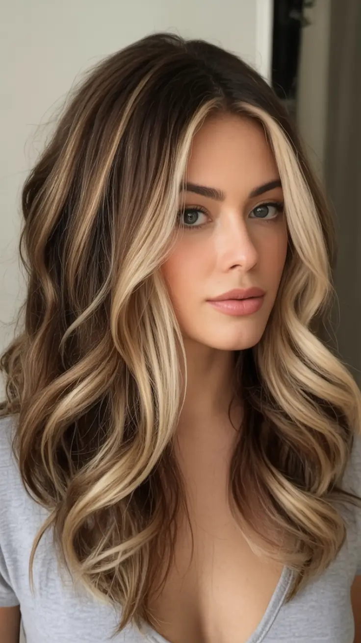 Fall brunette hair color ideas 2025 Ribboned Balayage with Soft Waves