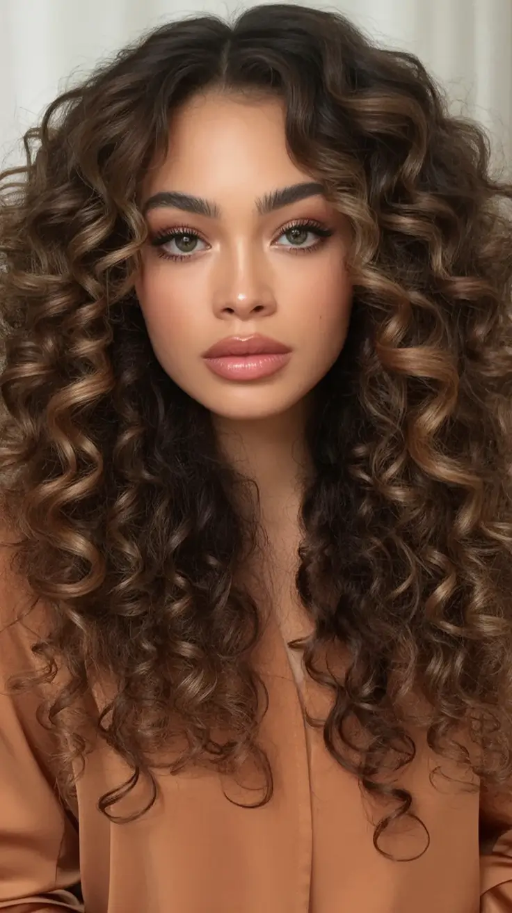 Fall brunette hair color ideas 2025 Soft Curls with Warm Cinnamon Dimension