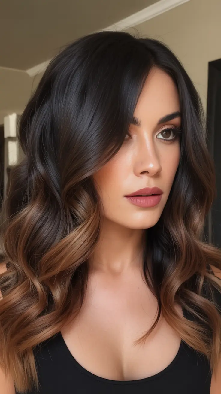 Fall brunette hair color ideas 2025 Glossy Chocolate with Toffee Melt