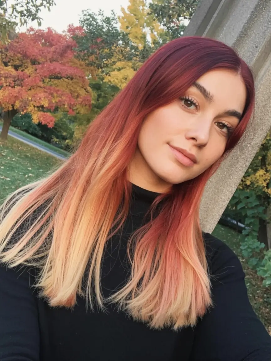 Fall Red Hair Color Ideas for Redheads in 2025 Gradient Rosewood Ombre with Blonde Ends