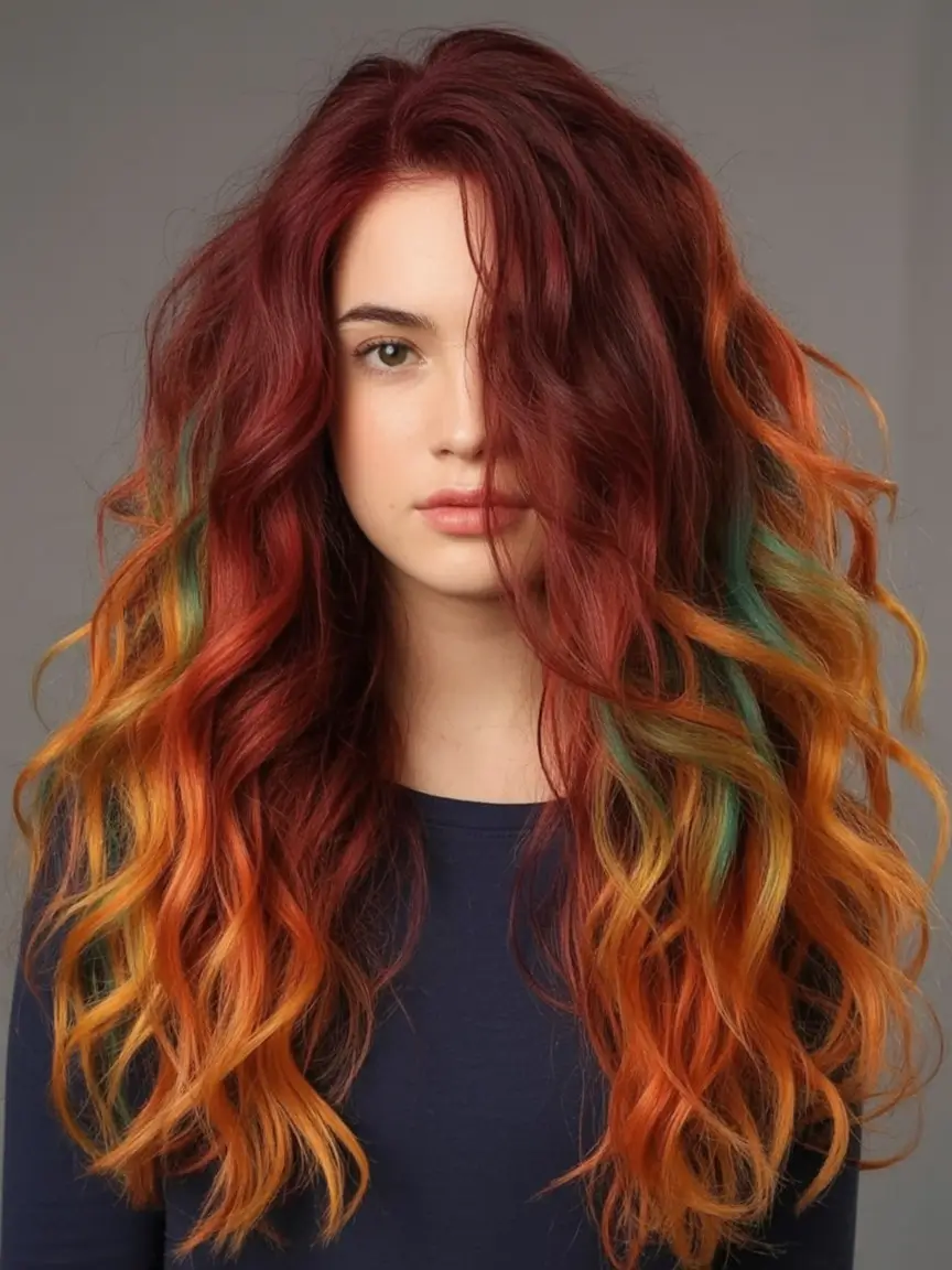 Fall Red Hair Color Ideas for Redheads in 2025 Sunset Swirl Curls with Teal Streak