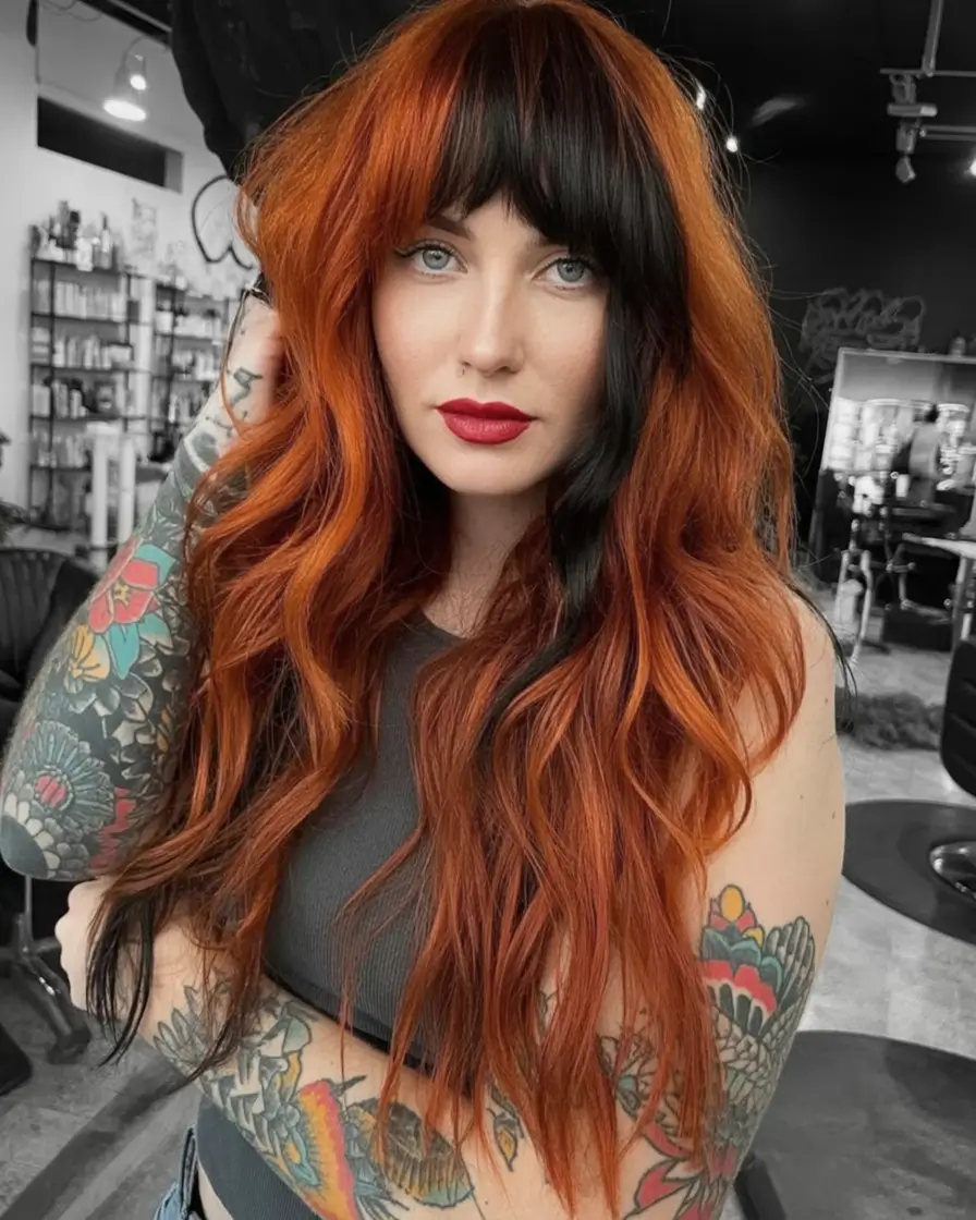 Fall Red Hair Color Ideas for Redheads in 2025 Black and Copper Contrast Waves