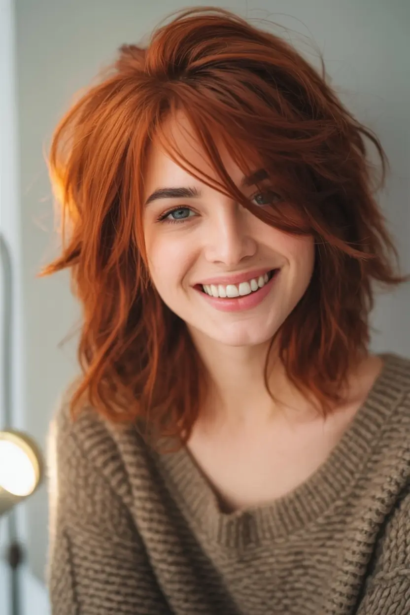 Fall Red Hair Color Ideas for Redheads in 2025 Messy Copper Shag with Volume Bangs