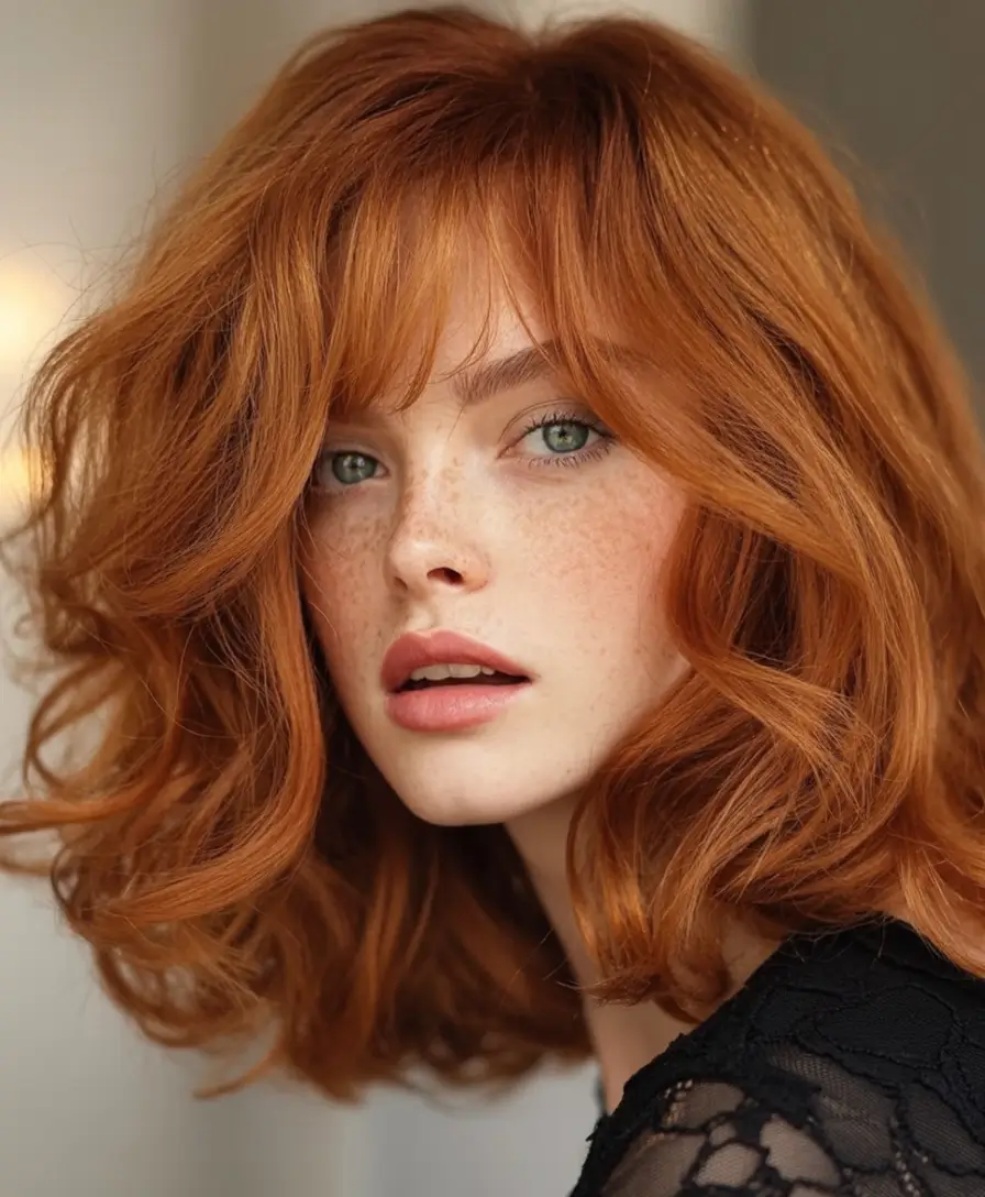 Fall Red Hair Color Ideas for Redheads in 2025 Deep Copper Shag with Tousled Bangs