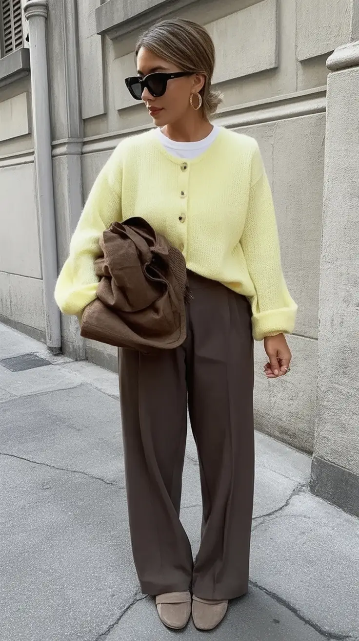 Fall transitional outfits to try in 2025 Soft Yellow Meets Grounded Cocoa