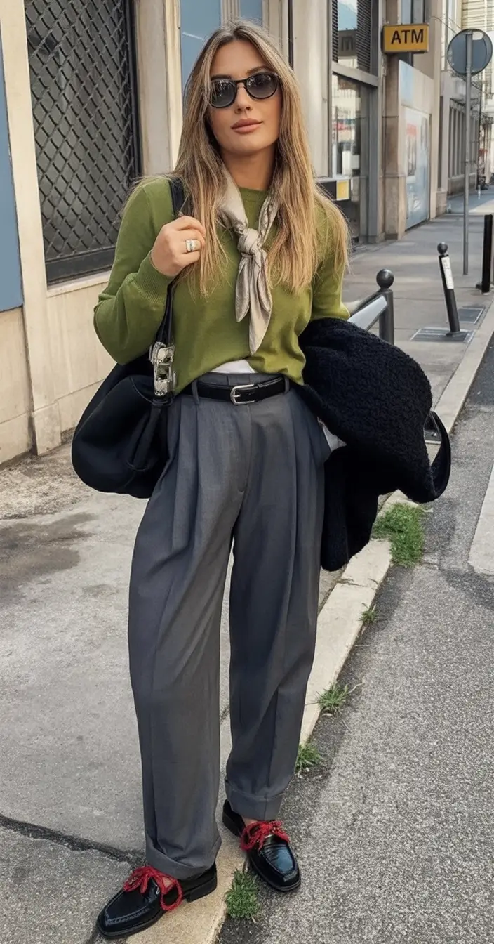 Fall transitional outfits to try in 2025 Olive Green, Gray Slacks, and Vintage Energy