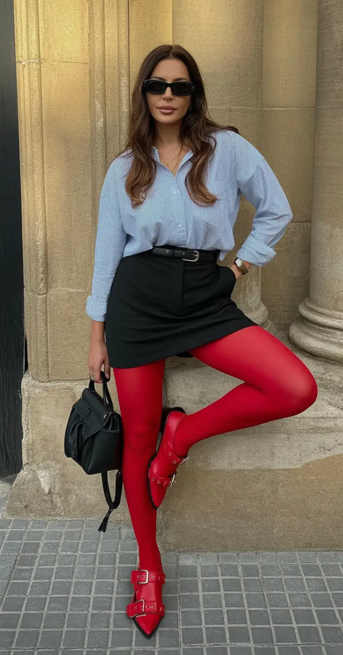 Fall transitional outfits to try in 2025 Bold Red Tights & Blue Shirt Energy