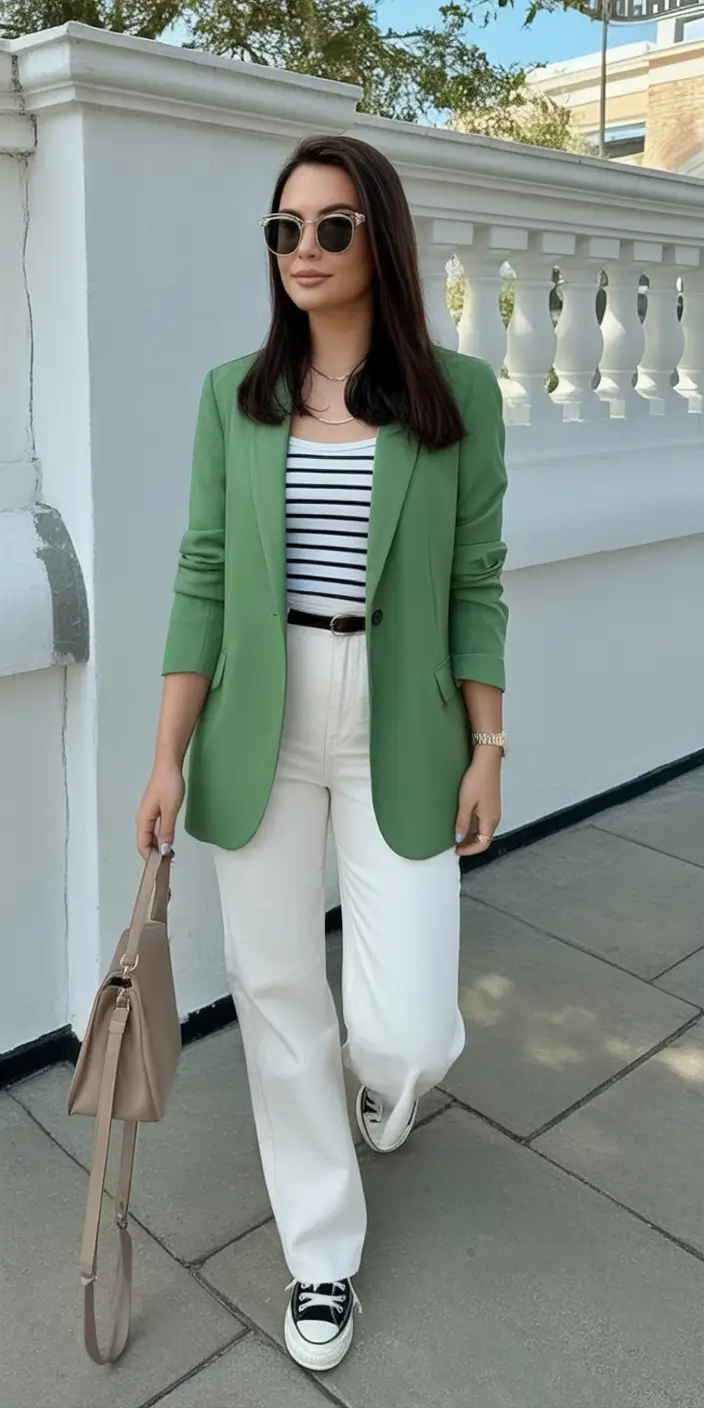Fall transitional outfits to try in 2025 Preppy Stripes and Sage Blazer Chic