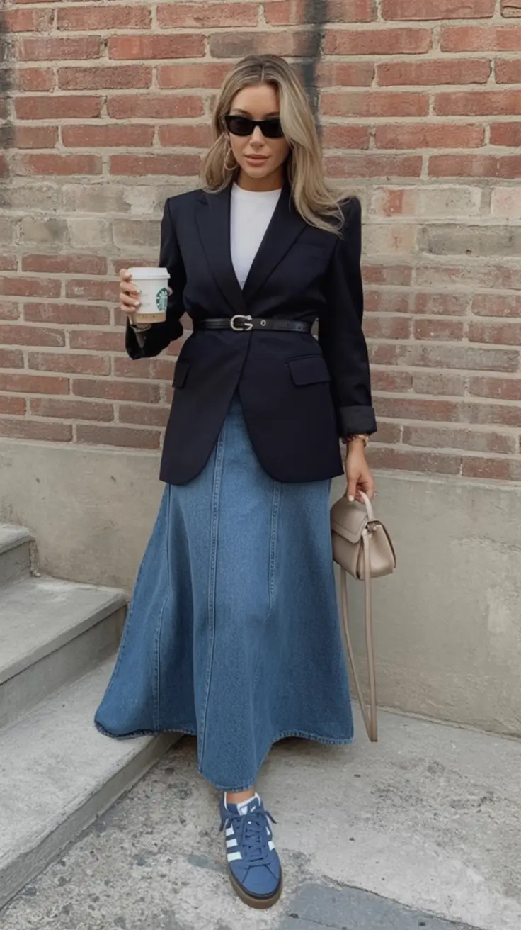 Fall transitional outfits to try in 2025 Belted Blazer And Denim Skirt Power Move