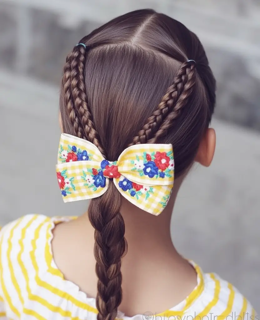 first day of school hairstyles ideas 2025 Braided Crown and Gingham Bow