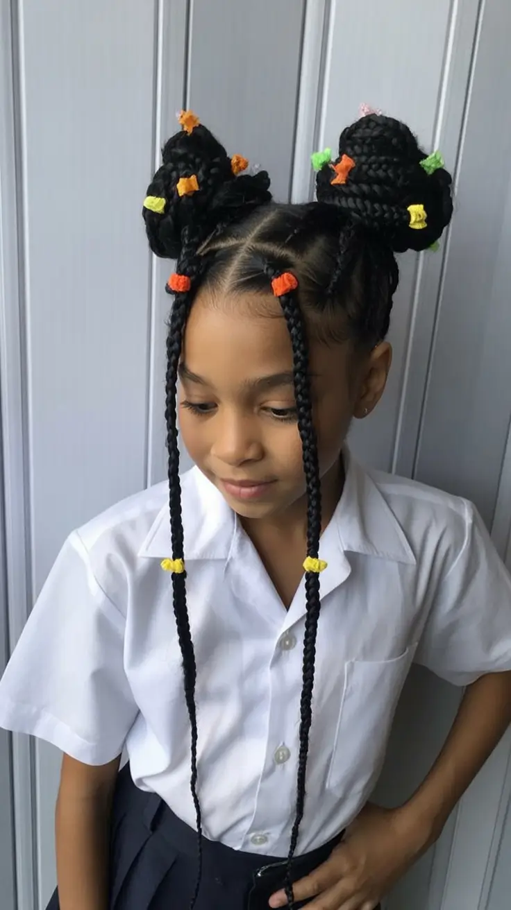 first day of school hairstyles ideas 2025 Colorful Braided Buns with Beads