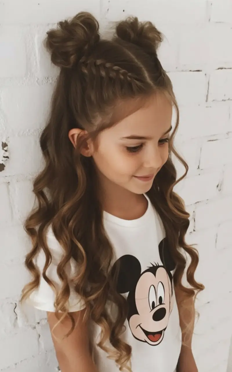 first day of school hairstyles ideas 2025 Half-Up Double Buns with Soft Curls