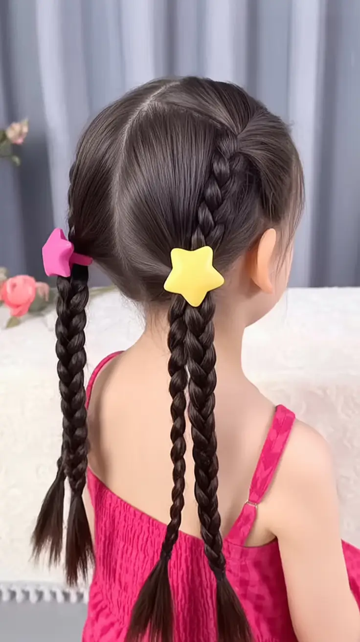 first day of school hairstyles ideas 2025 Star Pigtail Braids with a Pop of Color