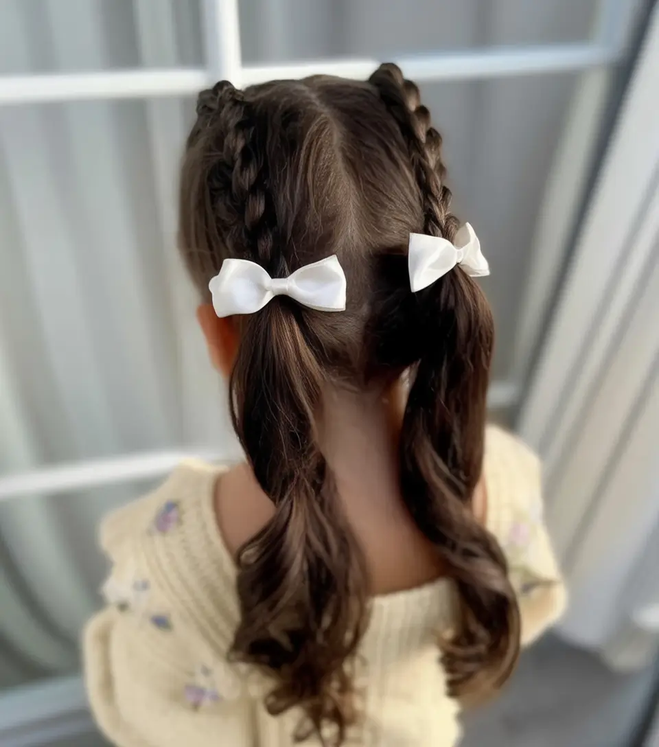 first day of school hairstyles ideas 2025 Curly Braids with a Twist and Bow Finish