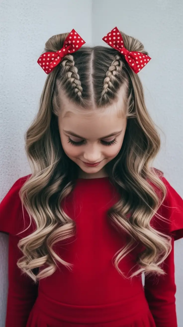 first day of school hairstyles ideas 2025 Sleek Braids with Bold Red Bows