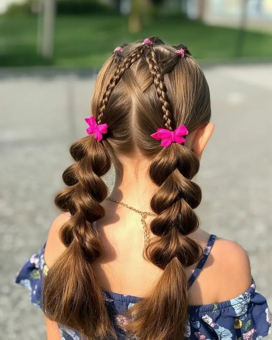 first day of school hairstyles ideas 2025 Pulled-Through Braids with Pink Pop