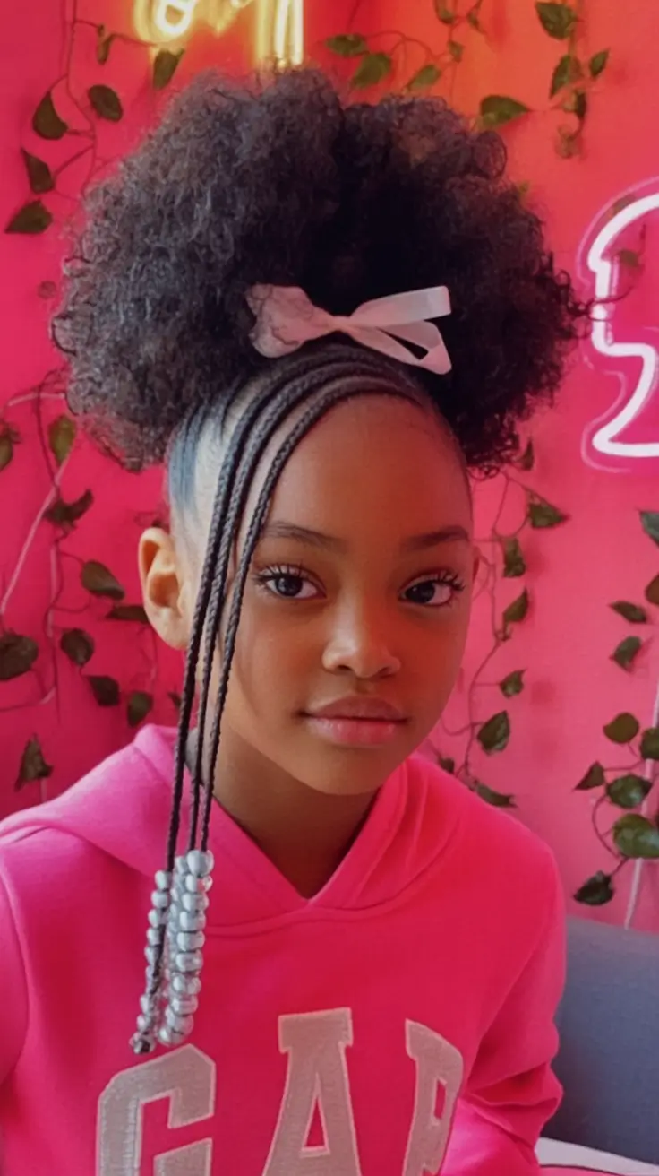 first day of school hairstyles ideas 2025 Curly Puff with Beaded Braids and a Bow