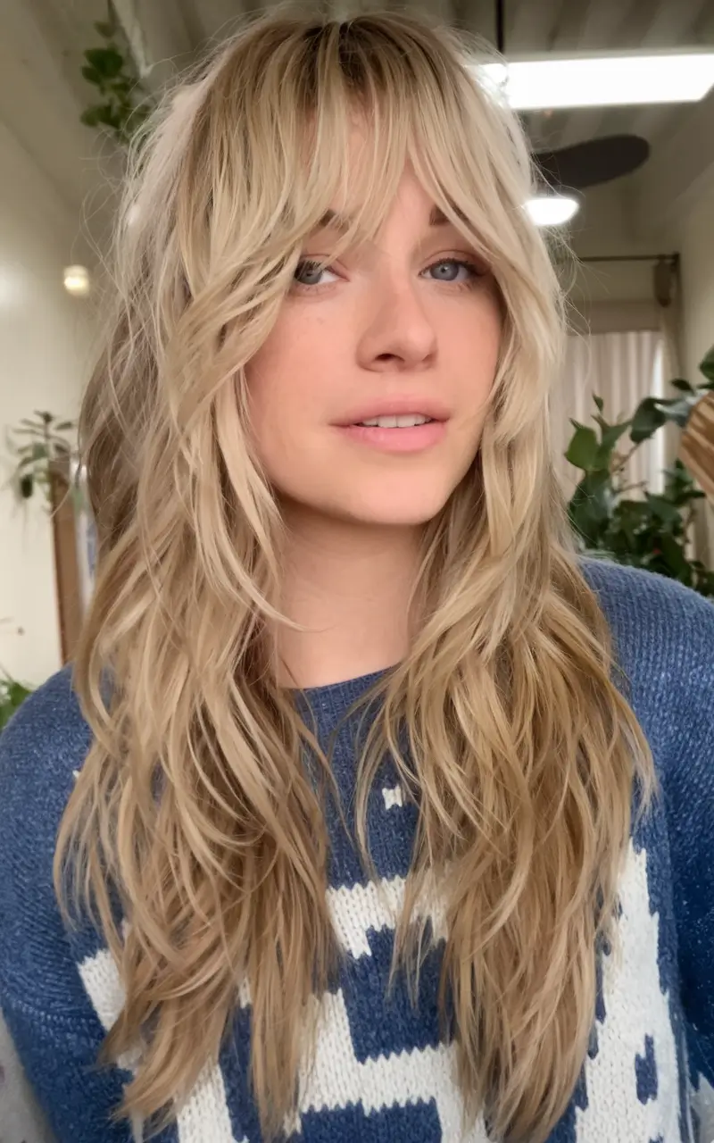 Fresh Haircuts to Try in August 2025 Beach Blonde Layers With Long Curtain Fringe