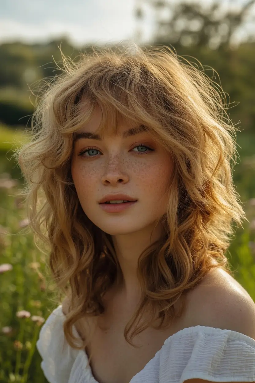 Fresh Haircuts to Try in August 2025 Sun-Drenched Shag with Soft Bangs