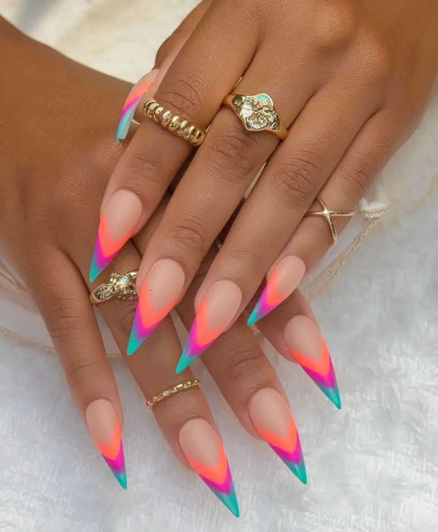 Fun Nail Color Ideas for August 2025 Electric Sunset Chevron