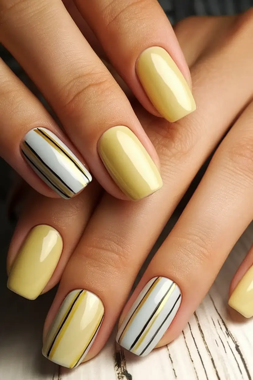 Fun Nail Color Ideas for August 2025 lemon stripe slick