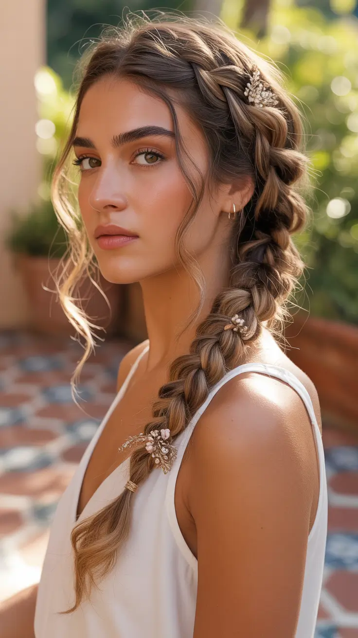 labor day hairstyles ideas 2025 Side Dutch Braid with Pearl Pins