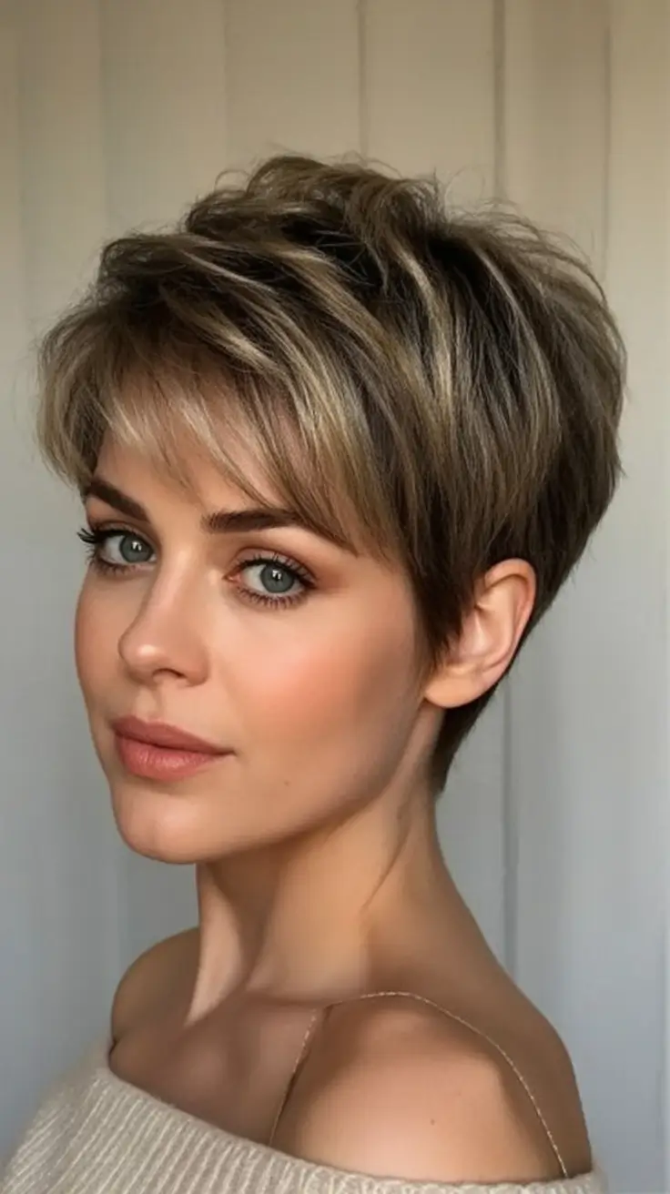 labor day hairstyles ideas 2025 Feathered Pixie with Balayage Dimension