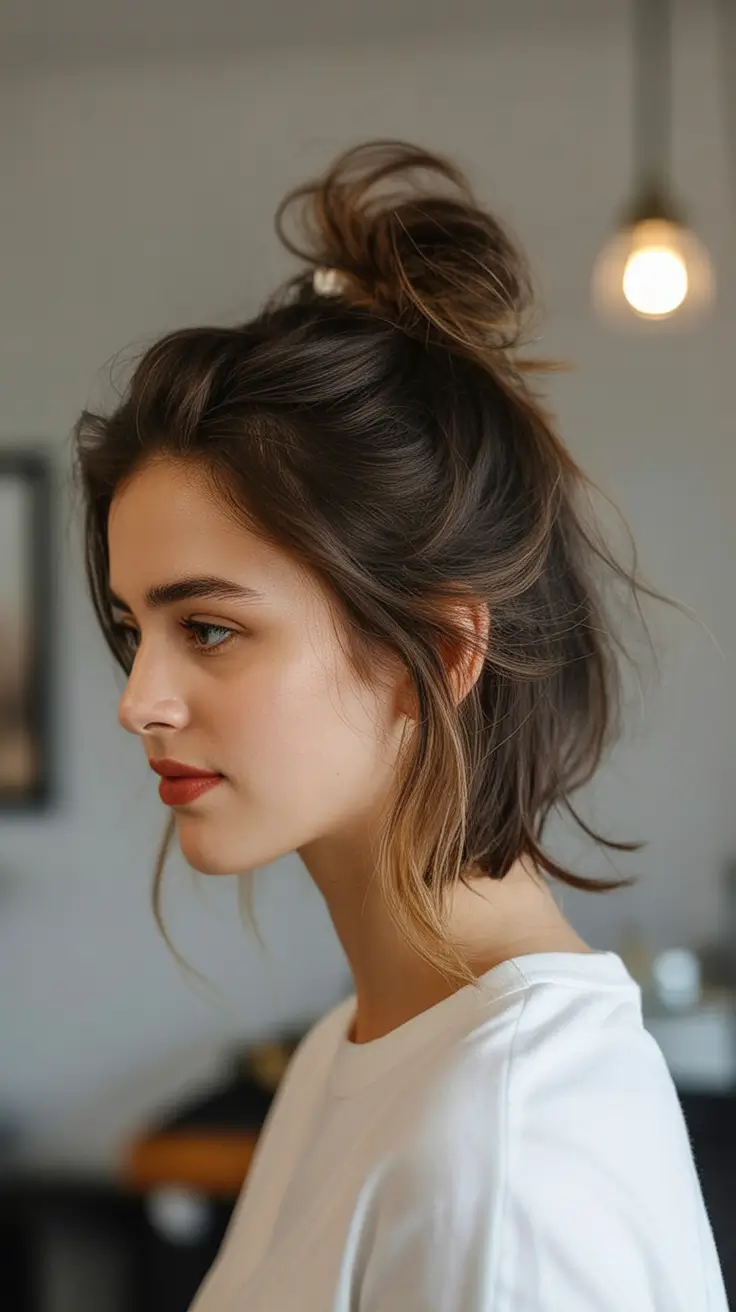 labor day hairstyles ideas 2025 Layered Lob with a Messy Mini Bun