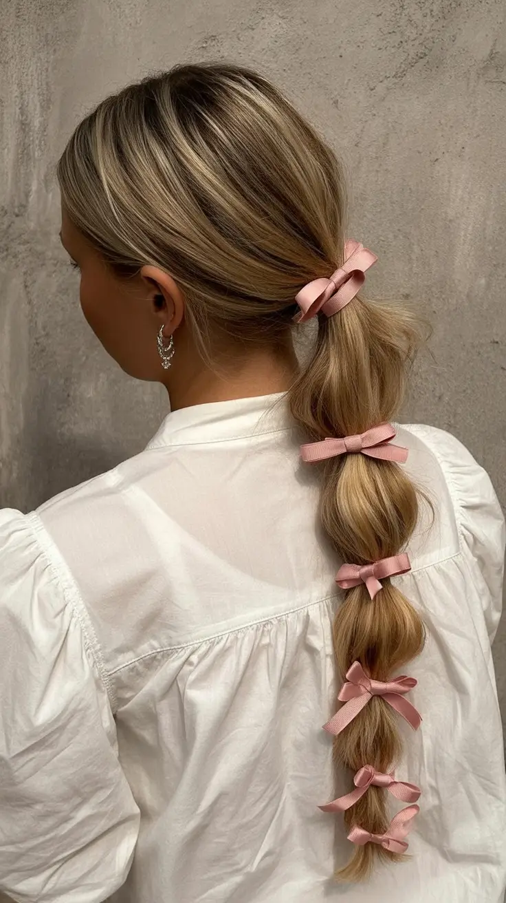 labor day hairstyles ideas 2025 Low Bubble Ponytail with Bows