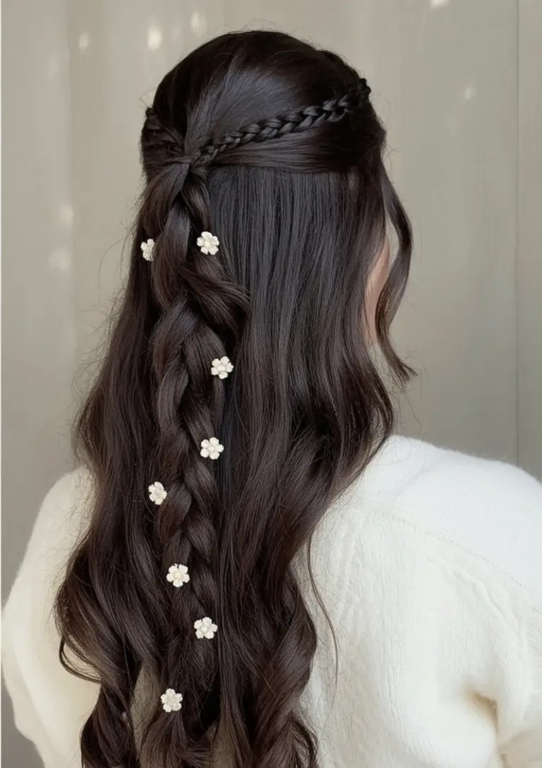labor day hairstyles ideas 2025 Half-Up Braid Crown with Floral Pins