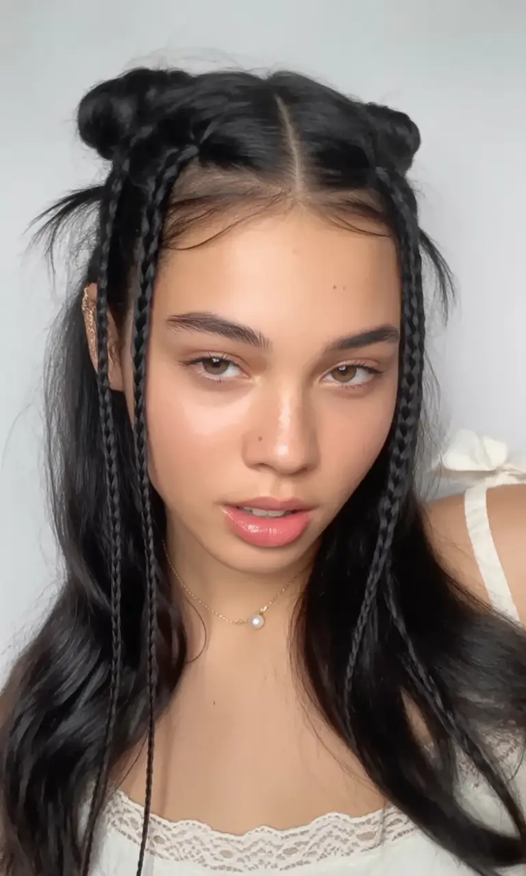 labor day hairstyles ideas 2025 Double Buns with Micro-Braids