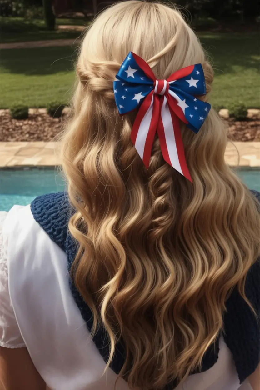 labor day hairstyles ideas 2025 Patriotic Half-Up with Waves and Bow