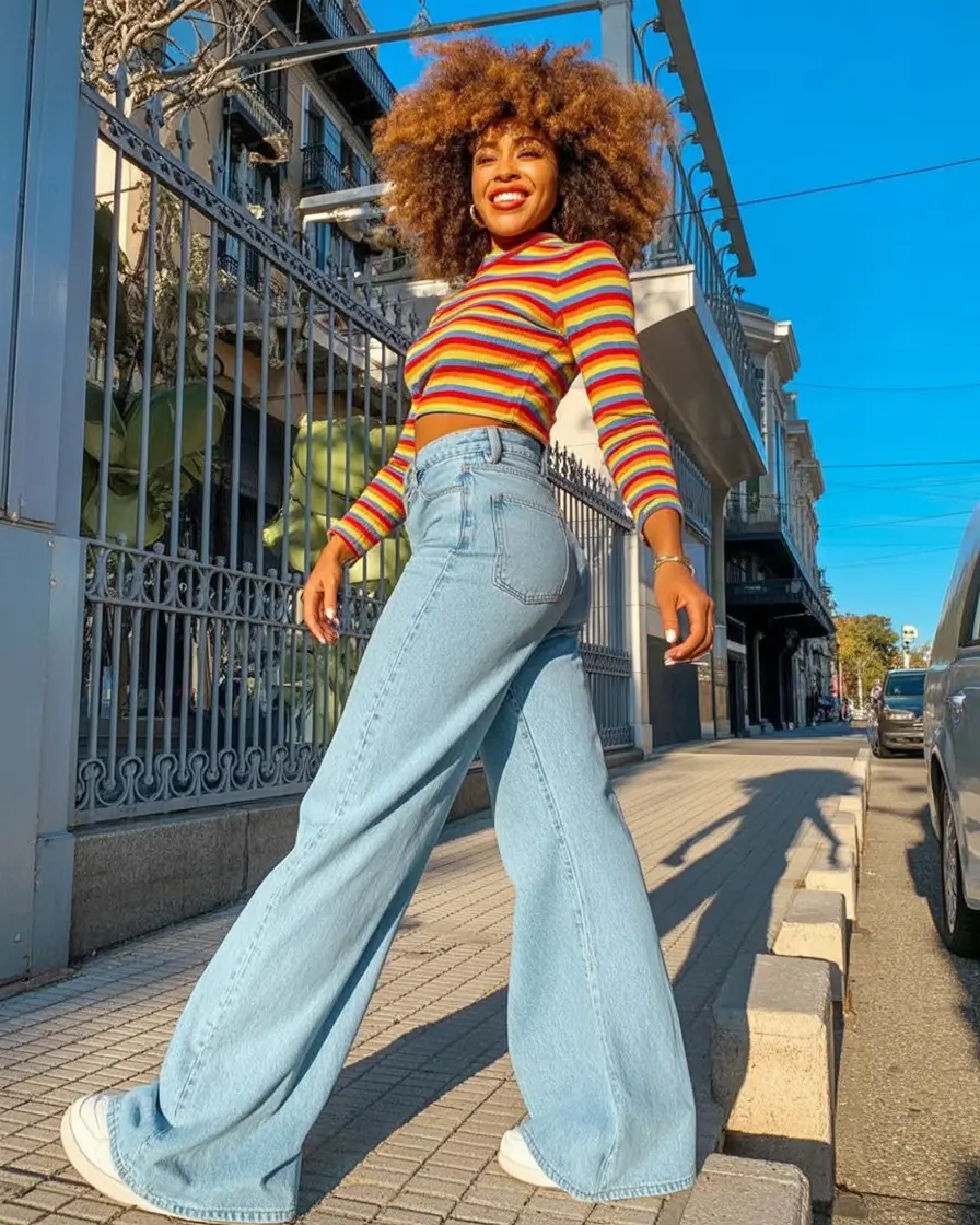 labor day outfits ideas 2025 Retro Rainbow Meets Modern Denim
